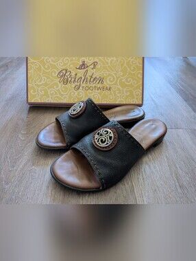 Brighton Molly Black Leather Slide Sandals Women Size 9